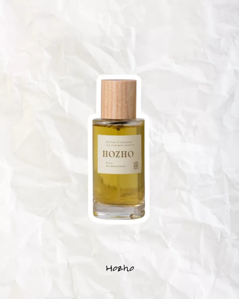 Hozho home fragrance bottle with wooden cap styled as minimal scented décor for interiors.