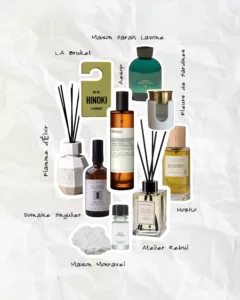 Collage of aesthetic home fragrance objects including candles, diffusers, and room sprays from Flamme d’Élixir, Aesop, L:A Bruket, Atelier Rebul, and Maison Sarah Lavoine.