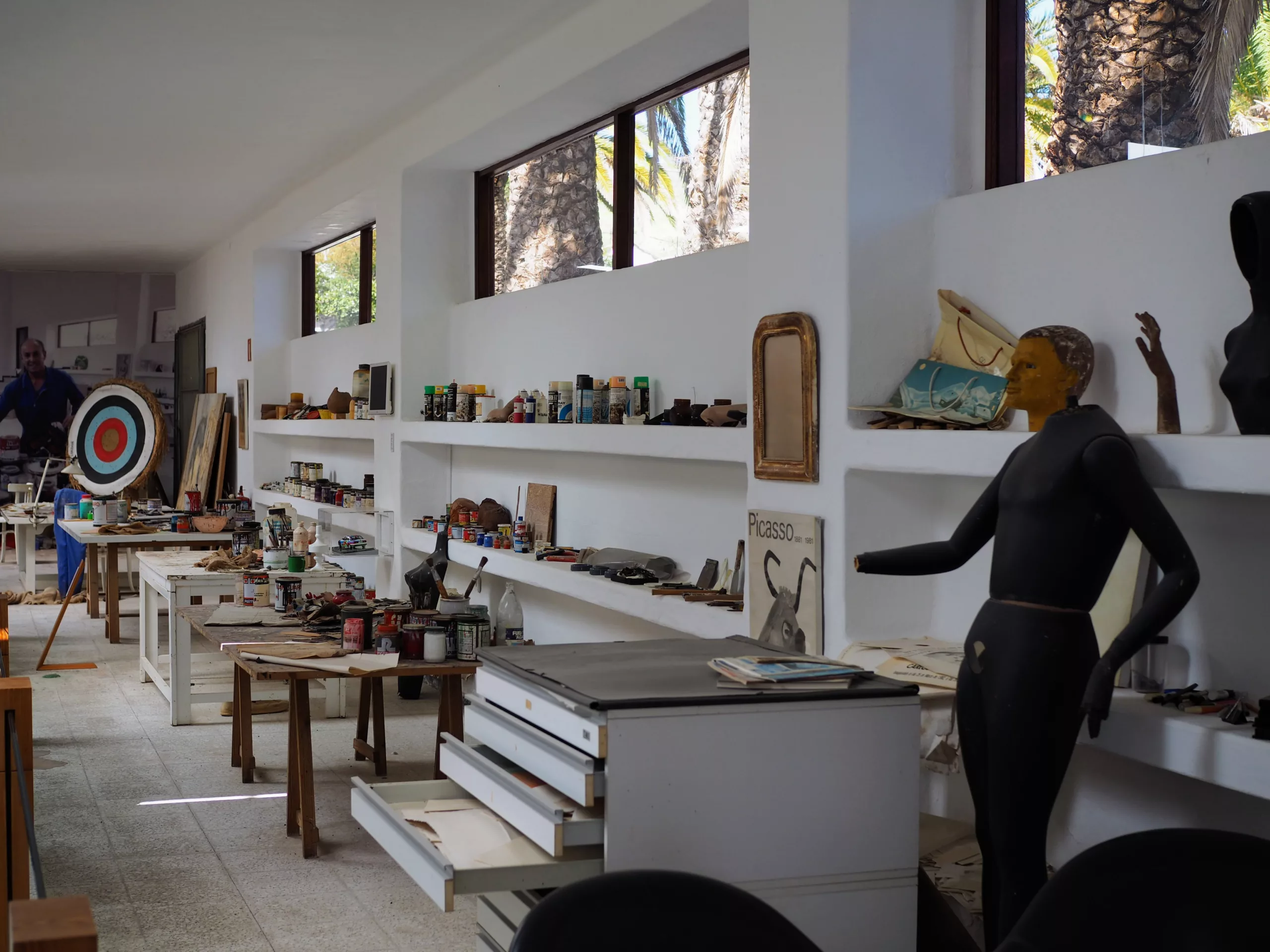 Interior view of César Manrique's studio in Lanzarote showing artist's work.