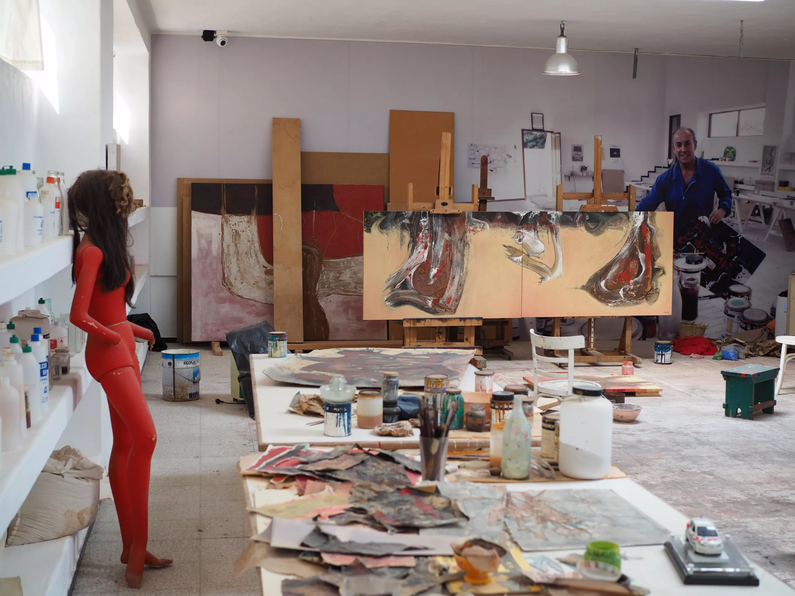 Interior view of César Manrique's studio in Lanzarote showing artist's work.