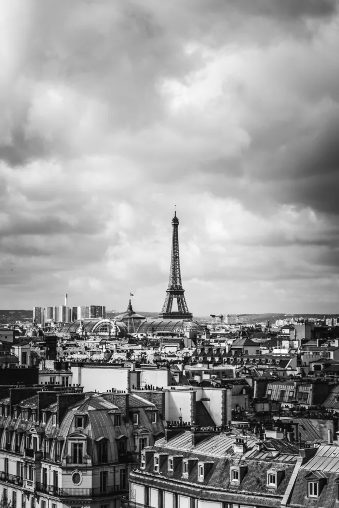 The world famous Eiffel Tower can be seen on the horizan of Paris from atop the Printemps department store.