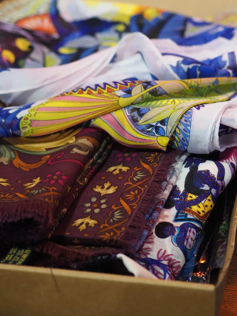 Shawls inside Wolff & Descourtis shop in Paris