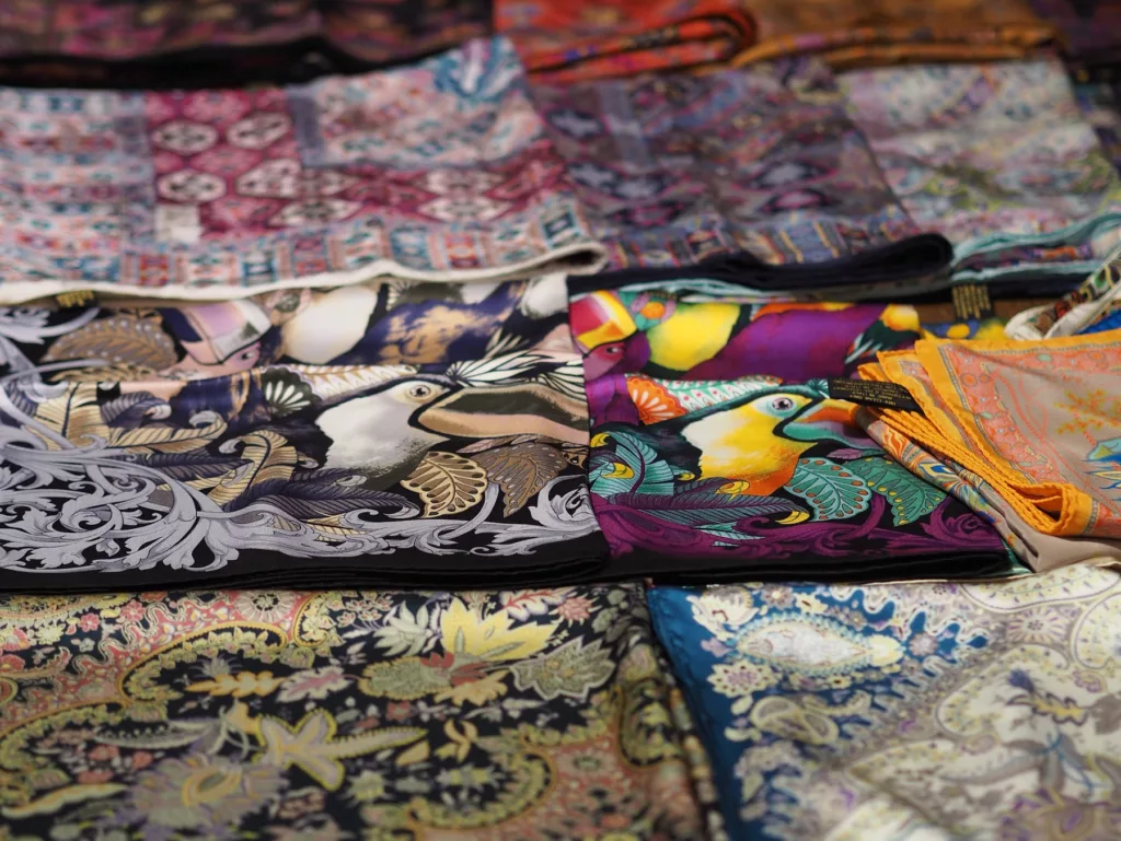 Silk hand printed shawls in Wolff & Descourtis shop in Paris