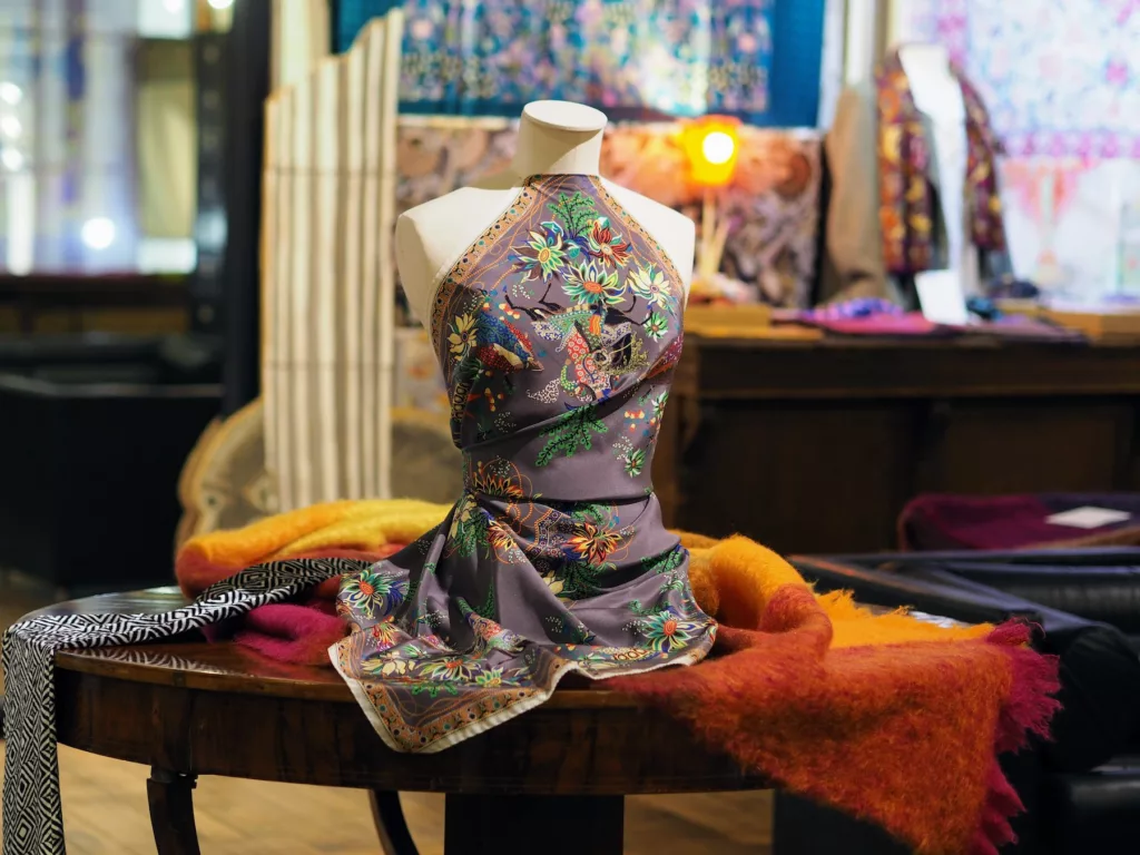 Scarf on a mannequin inside Wolff & Descourtis shop in Galerie Vivienne