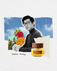 Collage artwork featuring perfumer Tianle Feng, founder of Voice from the Sky, alongside a strawberry, a mooncake, and a bottle of Tough Berry perfume.