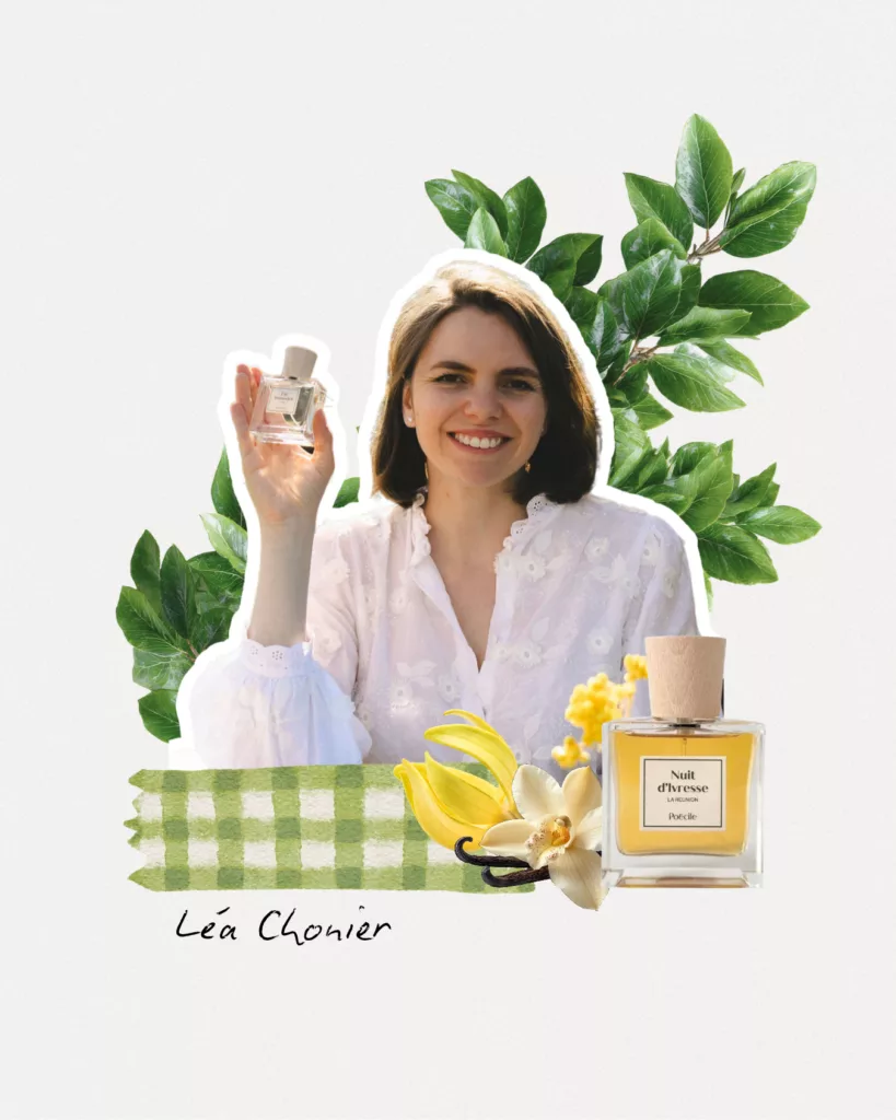 Collage featuring Léa Chonier, founder of Poécile, holding a fragrance bottle, surrounded by green leaves, vanilla flowers, and the new Nuit d'Ivresse perfume by Poécile.